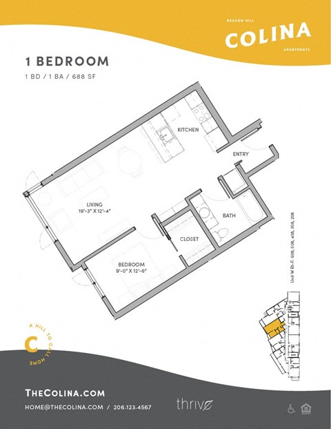 Floor plan for 1 bed, 1 bath, 708 sqft